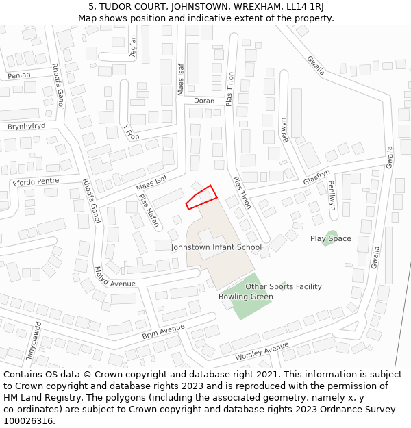 5, TUDOR COURT, JOHNSTOWN, WREXHAM, LL14 1RJ: Location map and indicative extent of plot