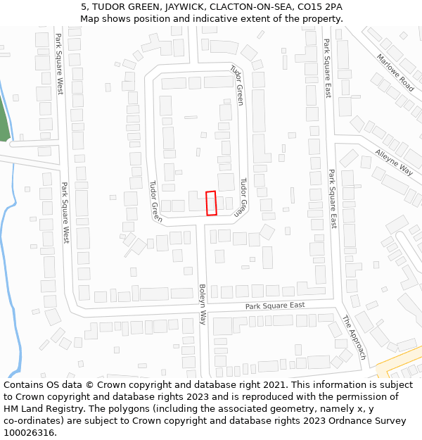 5, TUDOR GREEN, JAYWICK, CLACTON-ON-SEA, CO15 2PA: Location map and indicative extent of plot