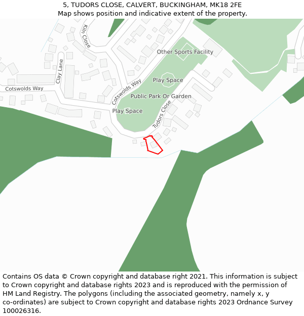 5, TUDORS CLOSE, CALVERT, BUCKINGHAM, MK18 2FE: Location map and indicative extent of plot