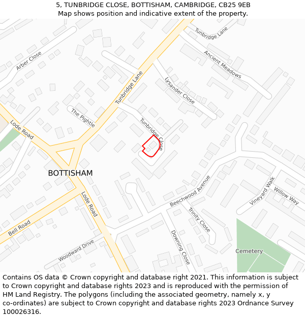 5, TUNBRIDGE CLOSE, BOTTISHAM, CAMBRIDGE, CB25 9EB: Location map and indicative extent of plot