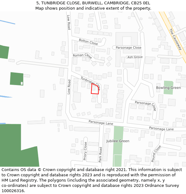 5, TUNBRIDGE CLOSE, BURWELL, CAMBRIDGE, CB25 0EL: Location map and indicative extent of plot