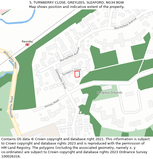 5, TURNBERRY CLOSE, GREYLEES, SLEAFORD, NG34 8GW: Location map and indicative extent of plot