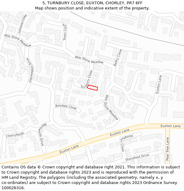 5, TURNBURY CLOSE, EUXTON, CHORLEY, PR7 6FF: Location map and indicative extent of plot