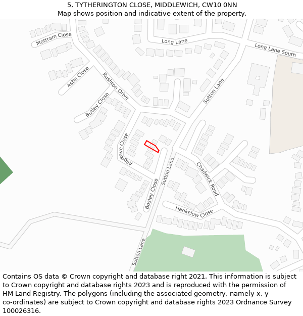 5, TYTHERINGTON CLOSE, MIDDLEWICH, CW10 0NN: Location map and indicative extent of plot