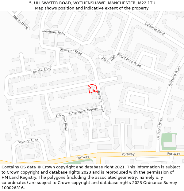 5, ULLSWATER ROAD, WYTHENSHAWE, MANCHESTER, M22 1TU: Location map and indicative extent of plot