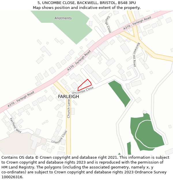 5, UNCOMBE CLOSE, BACKWELL, BRISTOL, BS48 3PU: Location map and indicative extent of plot