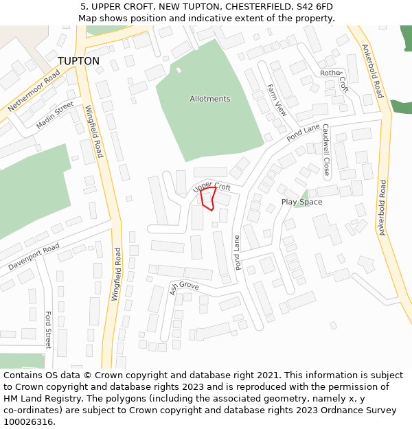 5, UPPER CROFT, NEW TUPTON, CHESTERFIELD, S42 6FD: Location map and indicative extent of plot