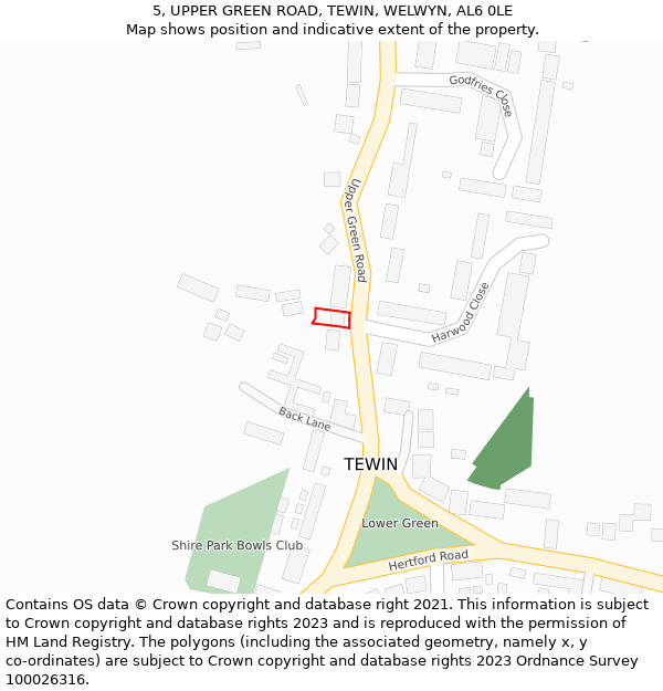 5, UPPER GREEN ROAD, TEWIN, WELWYN, AL6 0LE: Location map and indicative extent of plot