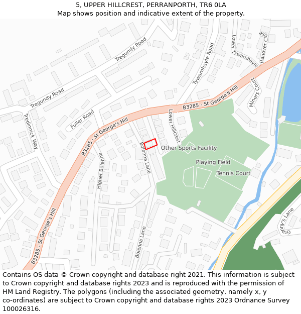 5, UPPER HILLCREST, PERRANPORTH, TR6 0LA: Location map and indicative extent of plot