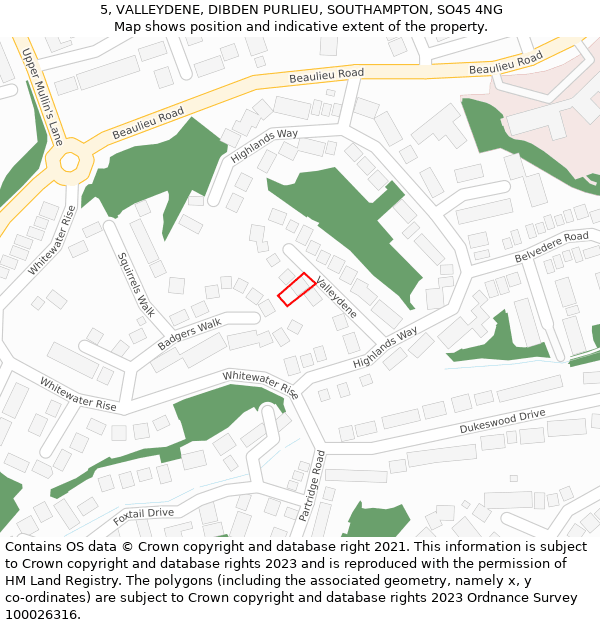 5, VALLEYDENE, DIBDEN PURLIEU, SOUTHAMPTON, SO45 4NG: Location map and indicative extent of plot