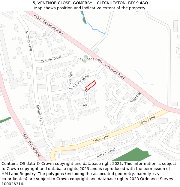 5, VENTNOR CLOSE, GOMERSAL, CLECKHEATON, BD19 4AQ: Location map and indicative extent of plot