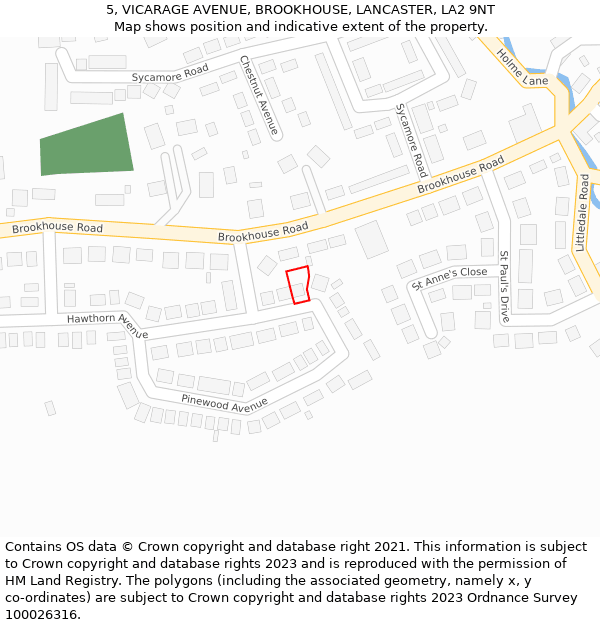 5, VICARAGE AVENUE, BROOKHOUSE, LANCASTER, LA2 9NT: Location map and indicative extent of plot