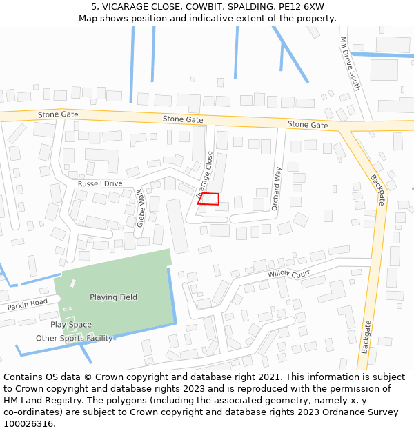 5, VICARAGE CLOSE, COWBIT, SPALDING, PE12 6XW: Location map and indicative extent of plot