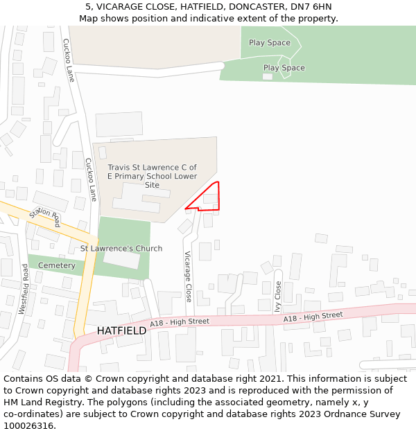 5, VICARAGE CLOSE, HATFIELD, DONCASTER, DN7 6HN: Location map and indicative extent of plot