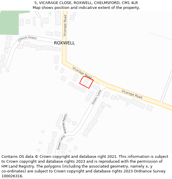 5, VICARAGE CLOSE, ROXWELL, CHELMSFORD, CM1 4LR: Location map and indicative extent of plot