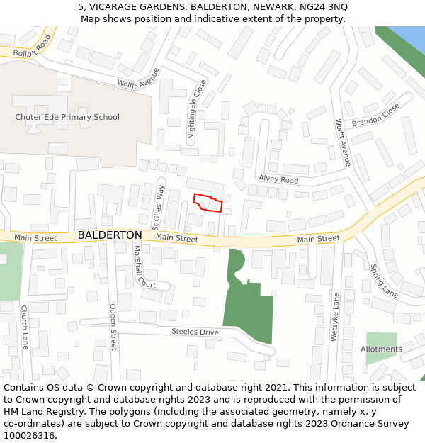 5, VICARAGE GARDENS, BALDERTON, NEWARK, NG24 3NQ: Location map and indicative extent of plot
