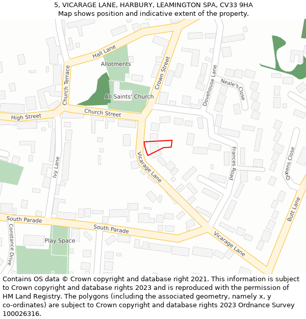 5, VICARAGE LANE, HARBURY, LEAMINGTON SPA, CV33 9HA: Location map and indicative extent of plot