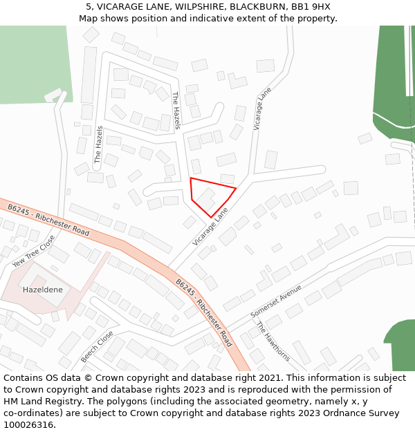 5, VICARAGE LANE, WILPSHIRE, BLACKBURN, BB1 9HX: Location map and indicative extent of plot