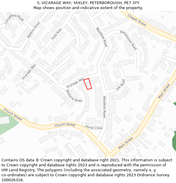 5, VICARAGE WAY, YAXLEY, PETERBOROUGH, PE7 3YY: Location map and indicative extent of plot