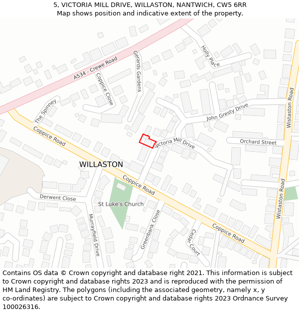 5, VICTORIA MILL DRIVE, WILLASTON, NANTWICH, CW5 6RR: Location map and indicative extent of plot