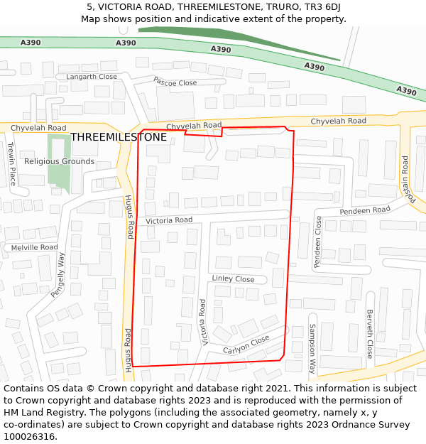 5, VICTORIA ROAD, THREEMILESTONE, TRURO, TR3 6DJ: Location map and indicative extent of plot