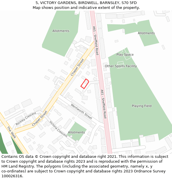 5, VICTORY GARDENS, BIRDWELL, BARNSLEY, S70 5FD: Location map and indicative extent of plot