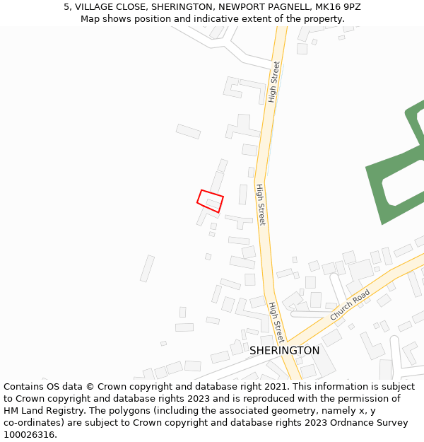 5, VILLAGE CLOSE, SHERINGTON, NEWPORT PAGNELL, MK16 9PZ: Location map and indicative extent of plot