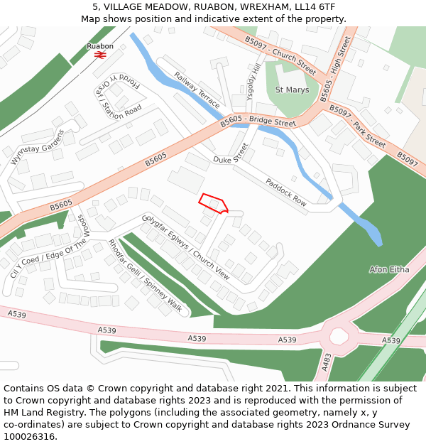 5, VILLAGE MEADOW, RUABON, WREXHAM, LL14 6TF: Location map and indicative extent of plot