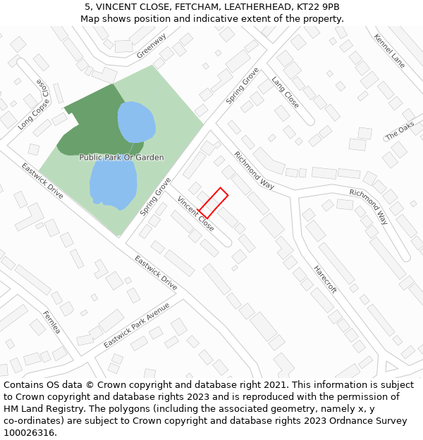 5, VINCENT CLOSE, FETCHAM, LEATHERHEAD, KT22 9PB: Location map and indicative extent of plot