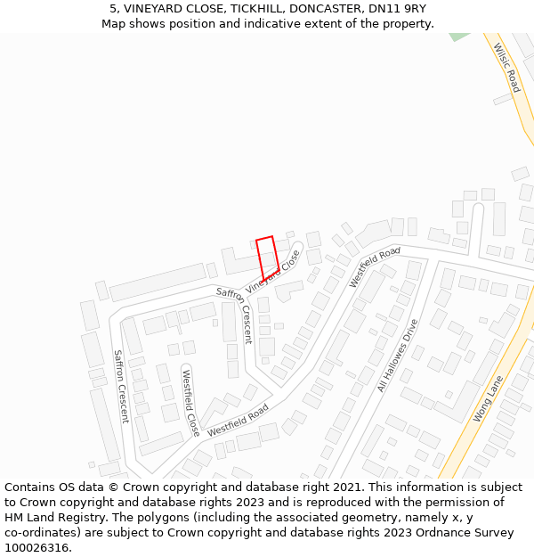 5, VINEYARD CLOSE, TICKHILL, DONCASTER, DN11 9RY: Location map and indicative extent of plot