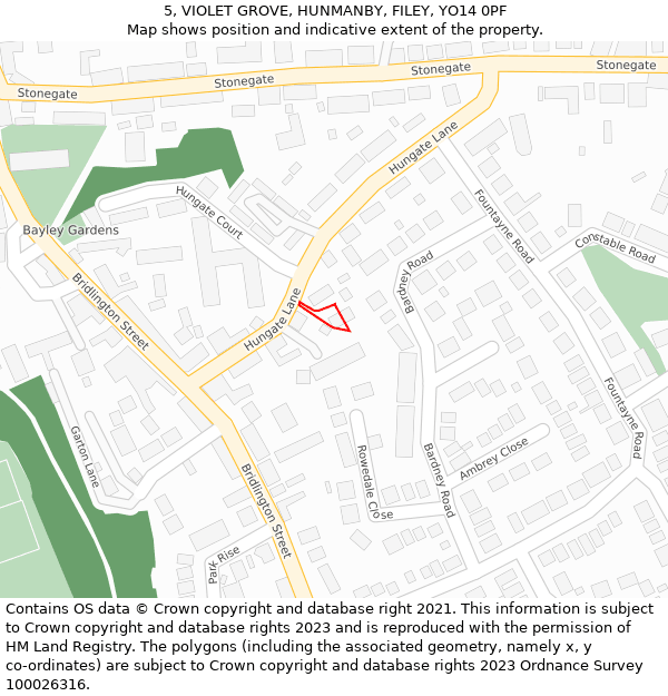 5, VIOLET GROVE, HUNMANBY, FILEY, YO14 0PF: Location map and indicative extent of plot