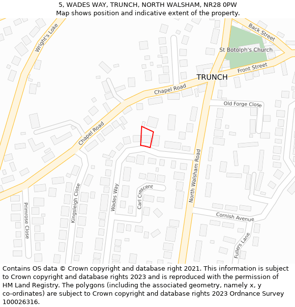 5, WADES WAY, TRUNCH, NORTH WALSHAM, NR28 0PW: Location map and indicative extent of plot