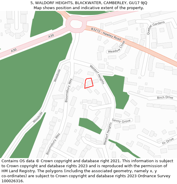 5, WALDORF HEIGHTS, BLACKWATER, CAMBERLEY, GU17 9JQ: Location map and indicative extent of plot