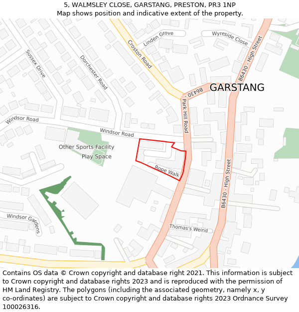 5, WALMSLEY CLOSE, GARSTANG, PRESTON, PR3 1NP: Location map and indicative extent of plot