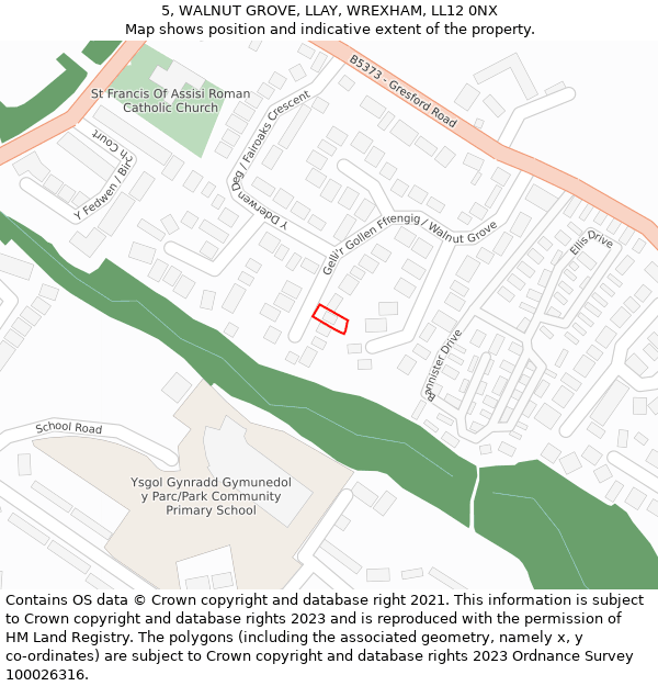 5, WALNUT GROVE, LLAY, WREXHAM, LL12 0NX: Location map and indicative extent of plot