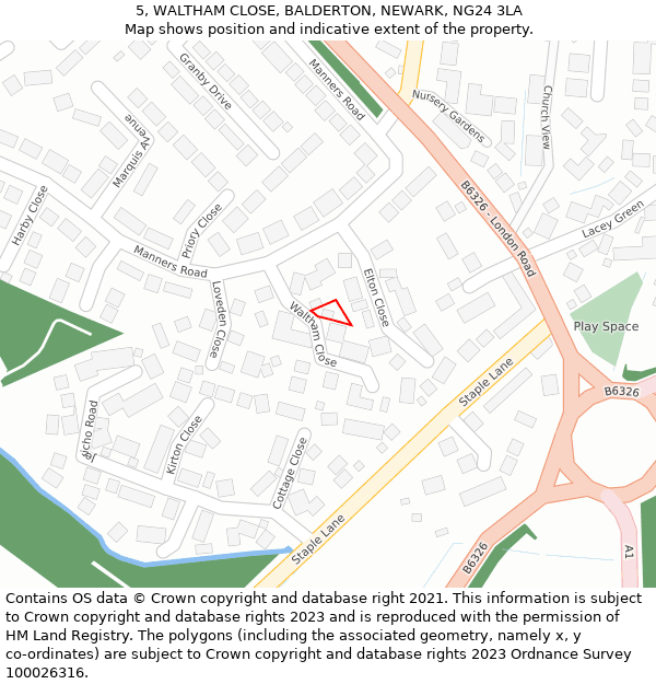 5, WALTHAM CLOSE, BALDERTON, NEWARK, NG24 3LA: Location map and indicative extent of plot