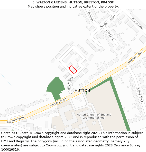 5, WALTON GARDENS, HUTTON, PRESTON, PR4 5SF: Location map and indicative extent of plot