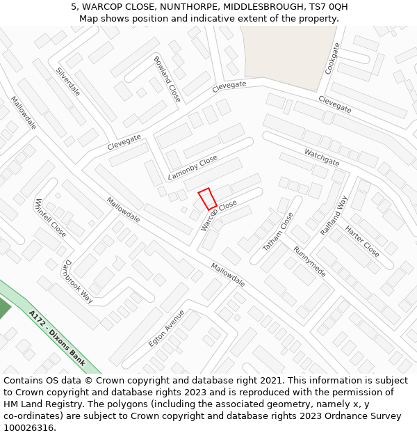 5, WARCOP CLOSE, NUNTHORPE, MIDDLESBROUGH, TS7 0QH: Location map and indicative extent of plot