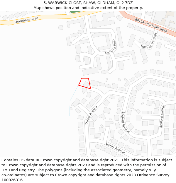 5, WARWICK CLOSE, SHAW, OLDHAM, OL2 7DZ: Location map and indicative extent of plot