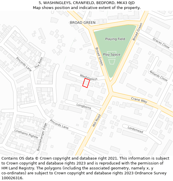 5, WASHINGLEYS, CRANFIELD, BEDFORD, MK43 0JD: Location map and indicative extent of plot