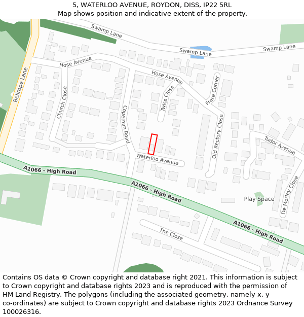 5, WATERLOO AVENUE, ROYDON, DISS, IP22 5RL: Location map and indicative extent of plot