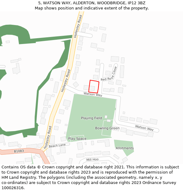5, WATSON WAY, ALDERTON, WOODBRIDGE, IP12 3BZ: Location map and indicative extent of plot