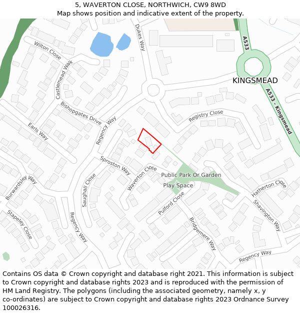 5, WAVERTON CLOSE, NORTHWICH, CW9 8WD: Location map and indicative extent of plot