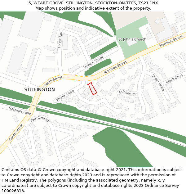 5, WEARE GROVE, STILLINGTON, STOCKTON-ON-TEES, TS21 1NX: Location map and indicative extent of plot