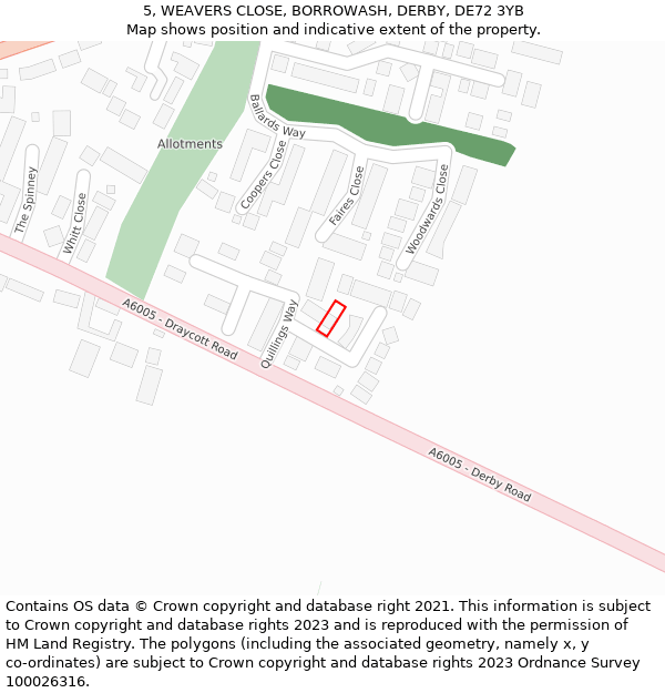 5, WEAVERS CLOSE, BORROWASH, DERBY, DE72 3YB: Location map and indicative extent of plot