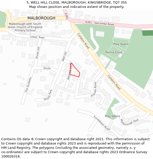 5, WELL HILL CLOSE, MALBOROUGH, KINGSBRIDGE, TQ7 3SS: Location map and indicative extent of plot