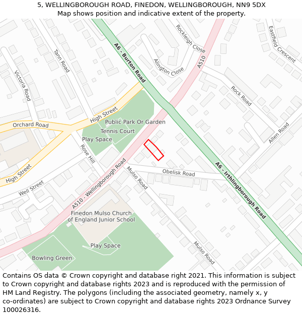 5, WELLINGBOROUGH ROAD, FINEDON, WELLINGBOROUGH, NN9 5DX: Location map and indicative extent of plot