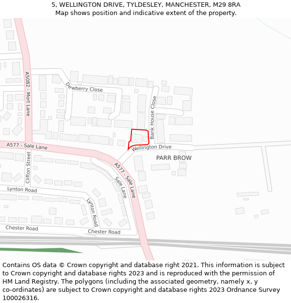 5, WELLINGTON DRIVE, TYLDESLEY, MANCHESTER, M29 8RA: Location map and indicative extent of plot