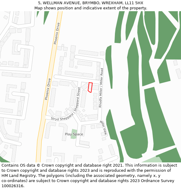 5, WELLMAN AVENUE, BRYMBO, WREXHAM, LL11 5HX: Location map and indicative extent of plot