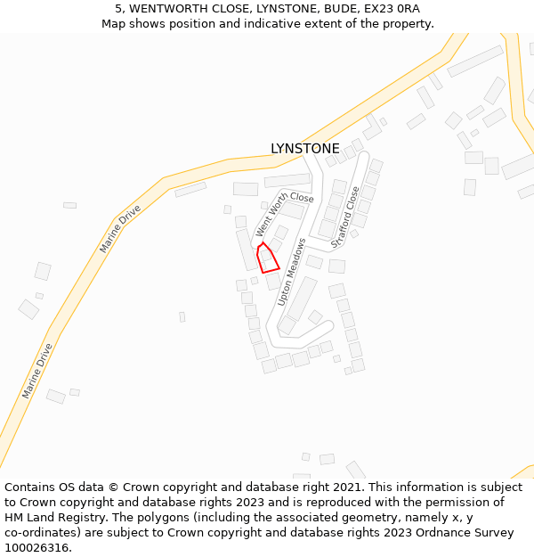 5, WENTWORTH CLOSE, LYNSTONE, BUDE, EX23 0RA: Location map and indicative extent of plot